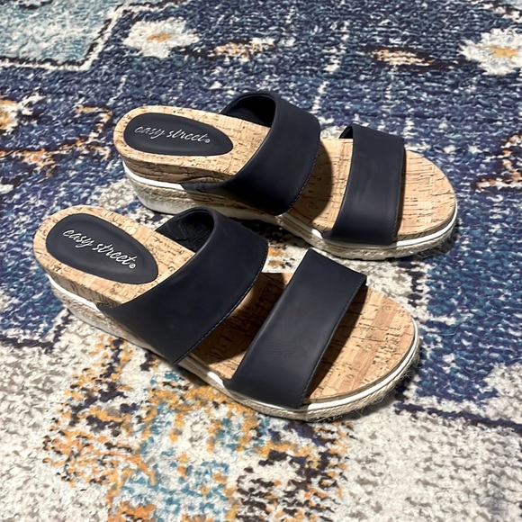 easy street - Maryann Women’s Black Slip-On Wedge Sandals | Size 8W - Picture 2 of 12